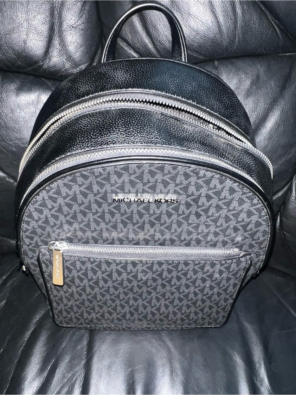 Michael Kors Black & Gray Signature Backpack Unisex Style Chrome Silver Hardware